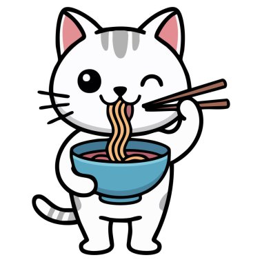 Kedi, beyaz arka planda izole edilmiş vektör illüstrasyonunun tadını çıkarıyor.