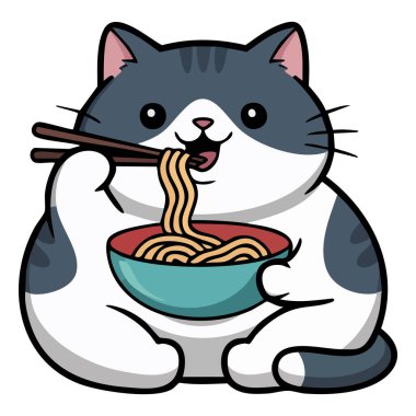 Erişte yiyen sevimli kedi beyaz arka planda izole edilmiş vektör çizimi.