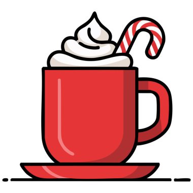 Kırmızı bardakta mevsimlik kakao içeceği beyaz arka planda izole edilmiş vektör çizimi