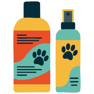 Beyaz arka planda izole edilmiş vektör çizimi için hayvan tımar eden hayvan şampuanı şişesi.