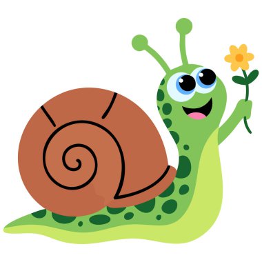 Ağızda çiçek taşıyan şirin salyangoz çizgi filmi izole edilmiş vektör çizimi.