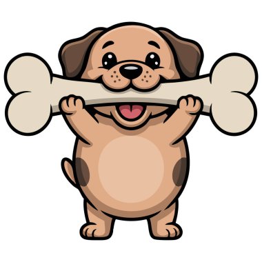 Şişkin köpek, ağız karikatür vektör çiziminde büyük bir kemik tutuyor.