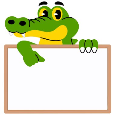 Neşeli timsah karakteri işaret vektörü illüstrasyonunun üzerinde