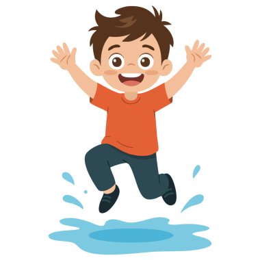 Yağmur suyu birikintisinde su sıçratırken eğlenen çocuk izole edilmiş vektör çizimi