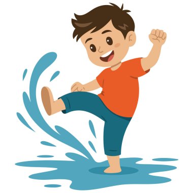 Dışardaki su birikintisinde eğlenen küçük çocuk izole edilmiş vektör çizimi yapıyor.