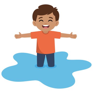 Yağmurdan sonra ıslak su birikintisinde oynayan çocuk, izole edilmiş vektör çizimi