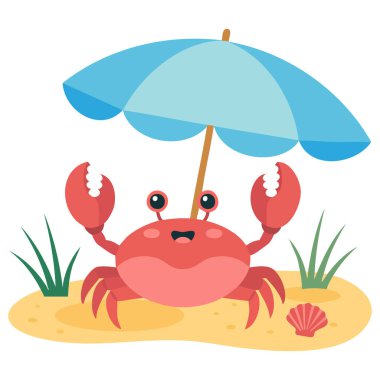Sahilde şemsiye altında yengeç yaratık beyaz arkaplanda izole vektör çizimi