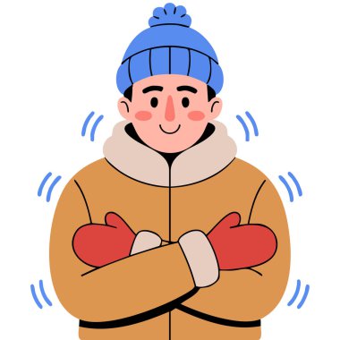 Soğuk sıcaklıktan titreyen adam beyaz arka planda izole edilmiş vektör çizimini titretiyor.