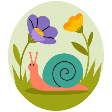 Beyaz arka planda, salyangoz yaratığı izole edilmiş vektör illüstrasyonlu çimen