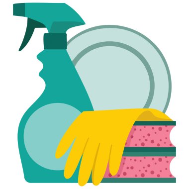 Sprey şişe kovası ve bulaşık süngeri bahar temizleme araçları vektör illüstrasyonu