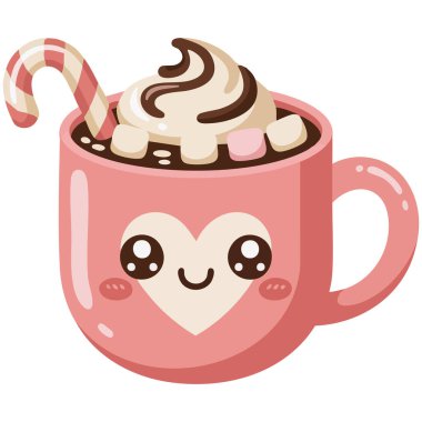 Sıcak içecek ve şeker kawaii vektör ikonu ile şirin bir Noel bardağı.