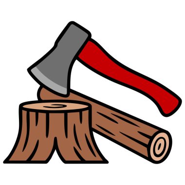 Odun kesen balta vektör illüstrasyonunda ağaç kütüğü izole edilmiş orman