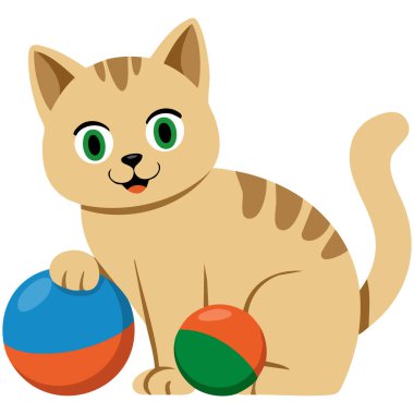 Komik kedi iplik topu hayvan vektör illüstrasyonuyla oynuyor.