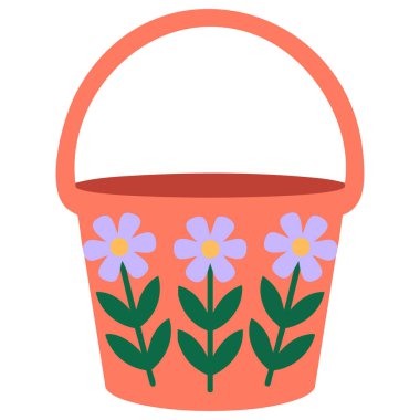 Turuncu mor çiçekli canlı renkli bir çiçek kovası.