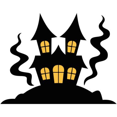 Ürkütücü perili ev, ürkütücü pencereler ve renkli cadılar bayramı izole edilmiş vektör çizimi için beyaz arka planda