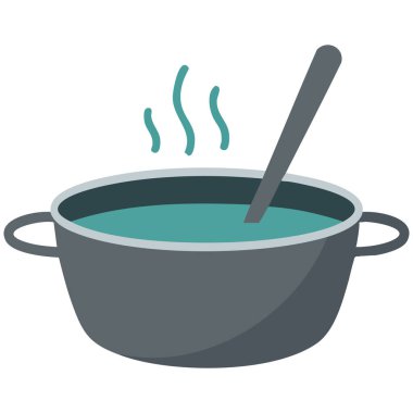 Sıcak suyu pişirme tavasına döken kepçe beyaz arkaplanda izole edilmiş vektör çizimi