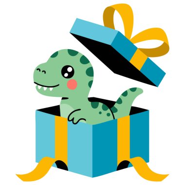 Hediye kutusu çizgi filminde sürpriz dinozor. Beyaz arka planda izole edilmiş vektör çizimi.