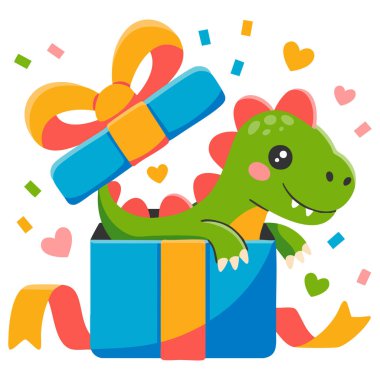 Beyaz arka planda izole edilmiş vektör çizimi çocuklar için hediye kutusu çizgi filmindeki şirin dinozor sürprizi