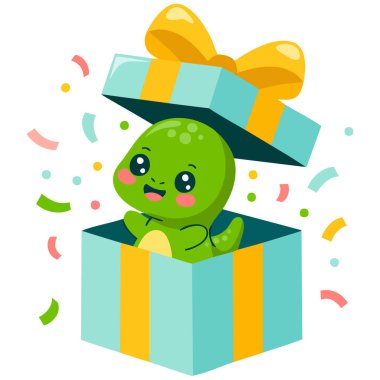 Hediye kutusu çizgi filminden çıkan dinazor karakteri beyaz arka planda izole edilmiş vektör çizimi