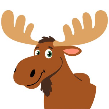 Beyaz arkaplanda izole edilmiş komik ifadeli çizgi film karakteriyle eğlenceli bir geyik başı çizimi