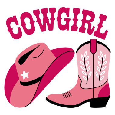 Pembe kovboy çizmeleri ve şapkalı kovboy kız teması beyaz arka planda izole edilmiş vektör çizimi