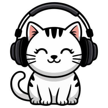 Siyah kulaklık takan kedi beyazın üzerinde izole edilmiş vektör çizimleri dinliyor.