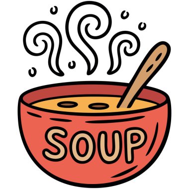 Sıcak çorba kasesinin karikatür karalaması beyaz arka planda izole edilmiş vektör çizimi