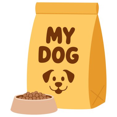 Köpek maması çantası kese resmi çizgi film illüstrasyonu beyaz üzerinde izole vektör illüstrasyonu