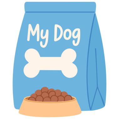 Çizgi film köpek maması çantası kese resmi beyaz arkaplanda izole edilmiş vektör çizimi