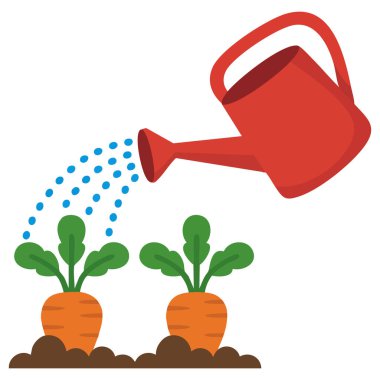 Kırmızı sulama kutusu ve havuç yetiştirme illüstrasyonu beyaz üzerine izole edilmiş vektör illüstrasyonu