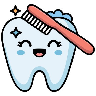 Diş fırçası ve yapıştırma ile sağlıklı diş beyaz üzerine izole vektör illüstrasyon