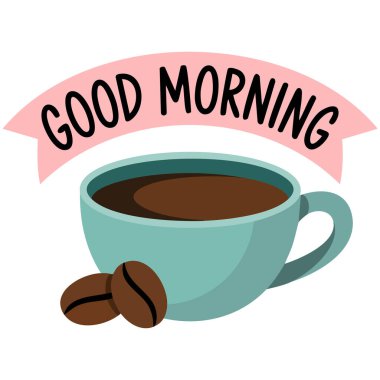 Sabah kahve fincanındaki el, beyaz arka planda kalp şeklinde karşılama ve kahve çekirdeği izole edilmiş vektör illüstrasyonuyla harflerle çizilmiş.