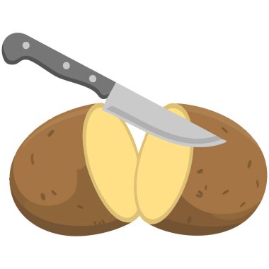 Mutfak bıçağı ile kesilmiş taze patates dilimleri beyaz arka planda izole edilmiş vektör çizimleri içeriyor.