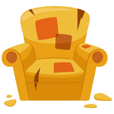 Yırtık kumaş ve onarım yamalarıyla hasarlı eski koltuk beyaz arkaplanda izole edilmiş vektör çizimi