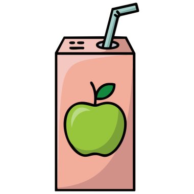 Çocuklar, beyaz arka planda izole edilmiş saman suyu paketi içeren bir kutu içerler.