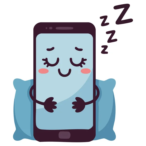 Uyku maskesiyle uyuyan akıllı telefon komik kawaii izole edilmiş bir vektörle karşı karşıya
