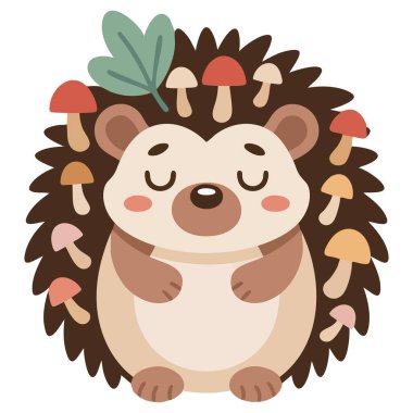 Çeşitli meyve ve yapraklarla sevimli kirpi çizimi beyaz arka planda izole edilmiş eşsiz yaratıcı konsept vektör çizimi