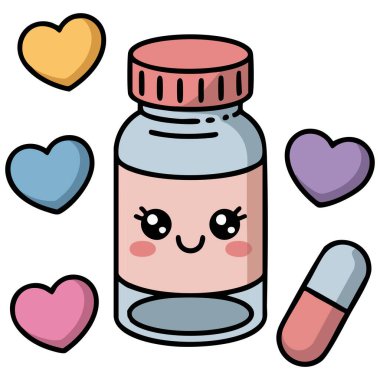 Kawaii mutlu gülümseme hapı kapsülü karakter düz vektör çizimi mavi üzerinde izole