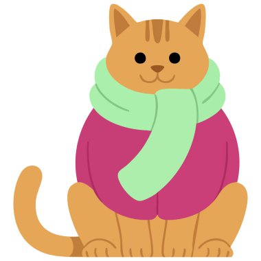 Sıcak kıyafetler giyen sevimli kedi düz renk vektör çizimi kış şablonu