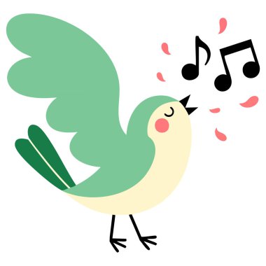 Müzik notaları olan sevimli bahar kuşu. Küçük yeşil kuş şakıyan komik çizgi film karakteri ikonu.