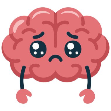 Hüzünlü karikatür üzgün beyin yorgunluğu bitkinlik tükenmiş sevimli iç organlar çizimi izole edilmiş.