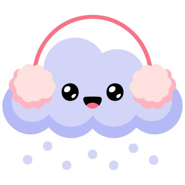 Beyaz arka plan çiziminde izole edilmiş şirin bir çizgi film tarzında kar taneleri ve kışlık şapkalı tuhaf bulutlar.