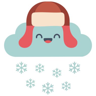 Düz vektör çizimi, beyaz kartaneleri olan kış şapkası takan sevimli bir bulutun çizimi.