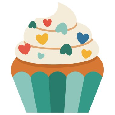 Üstü krem şanti ve gökkuşağı vektör çizimleriyle kaplanmış, beyaz arkaplanda izole edilmiş lezzetli bir kek.