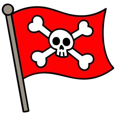 Beyaz arkaplanda izole edilmiş kafatası ve kemik vektör illüstrasyonlu korsan sembolü kırmızı bayrak direği