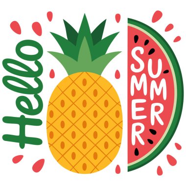 Merhaba, karpuz harfleriyle çizilmiş ananas vektör illüstrasyonlu yaz mektupları kartpostallar için mükemmel.