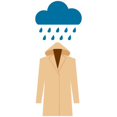 Bir grup çocuk giysisi yağmurluk şemsiyeli lastik çizme bulutu damlacıklar çizgi film stili vektör çizimi