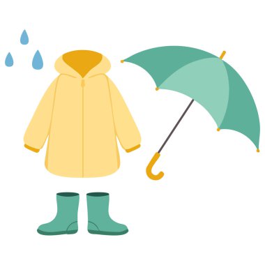 Çocuklar yağmur teçhizatı yağmurluk şemsiye çizme bulutu damlacıklar çizgi film çizimi izole