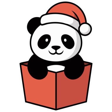 Şirin noel pandası beyaz arka plan karikatür hayvan karakterinin hediye kutusunda oturuyor.