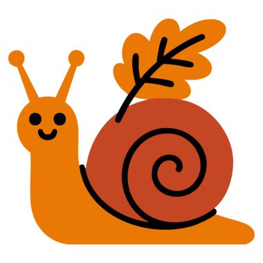 Tatlı çizgi film salyangozu turuncu bir sonbahar yaprağında sürünüyor sıcak mevsimlik vektör çizimleri beyaz üzerinde izole edilmiş.